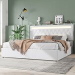 Lit coffre 180x200 cm en tissu lin blanc avec �clairage led multicolore coffre hydraulique et port usb ...