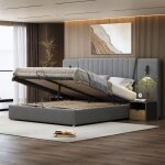 Lit coffre 180x200 cm en velours gris avec t�te extra longue lampes lecture orientables usb v�rins hydraulique ...