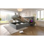 Lit coffre 180x200 cm en velours gris avec t�te rembourr�e 2 tables de chevet lampes et ports usb / type?c ...