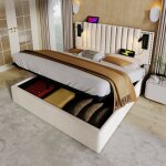 Modenuit lit coffre 180x200 cm avec sommier relevable t�te de lit rembourr� lampe lecture tissu coton ...