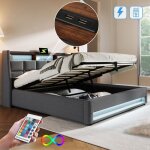 Lit coffre 180x200 avec sommier led&usb lit 2 personnes avec rangement et tete de lit lit double avec ...