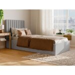 Lit coffre 90 x 190 cm avec t�te de lit coutures verticales - tissu - gris - sarah