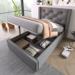 Lit coffre 90x200 gris lit capitonn� en tissu au design classique avec sommier hydraulique relevable ...