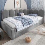 Lit coffre 90x190 cm en velours gris design � barreaux ludique et coffre � v�rins hydrauliques