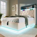 Lit coffre - marque - 90x200 cm - led 360 - usb - c - tte rembourre en simili cuir blanc