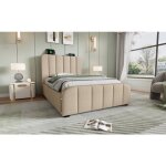 Lit coffre 90x200 cm en lin beige avec t�te d�corative � bandes dor�es port usb?c et coffre hydraulique ...