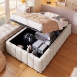 Lit coffre 90x200 cm - rembourr� - beige - rangement hydraulique - sans matelas - 1 place