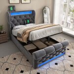 Lit coffre 90x200 gris lit capitonn� en velours avec t�te de lit rangement led usb - c et sommier relevable ...