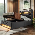 Lit simple 90x200 coffre en tissu gris t�te de lit capitonn�e avec led usb / type - c et sommier relevable ...