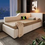 Lit coffre 90x200cm - velours - beige - liseuse intgre - ports usb - c - sommier  lattes