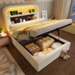 Lit coffre 90x200cm avec �clairage led usb et type - c lit rembourr� avec t�te de lit avec rangement ...