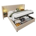 Lit coffre adult double 180x200 cm sommier inclus - lit lin rangement avec table de chevet lampe de table ...