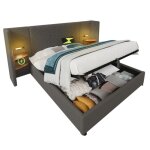 Lit coffre adult double 180x200 cm sommier inclus - lit lin rangement avec table de chevet lampe de table ...