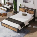 Lit pour adultes - langtu - natural - 140x200 cm - t�te de lit rangement - structure m�tal + mdf