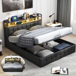 Lit coffre adulte 160x200 cm led pu t�te de lit rembourr� avec fonction de chargement usb type - c lit ...