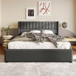Lit coffre - yehtokhome - 160x200 cm - t�te de lit � ailes - tissu lin gris