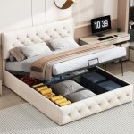 Lit coffre - scandinave - 160x200 cm - tête de lit capitonnée - rangement sous sommier - velours beige ... Lit coffre - scandinave - 160x200 cm - tête de lit capitonnée - rangement sous sommier - velours beige ...