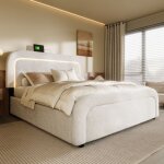 Lit coffre adulte 160x200cm avec �clairage led et chargement usb - 4 tiroirs de rangement - tissu sherpa ...