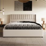 Lit coffre - lit coffre adulte 180x200 cm - t�te de lit � ailes - tissu lin beige - sommier � lattes ...