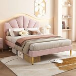 Lit rembourr� - langtu - shell - 140x190 cm - velours rose - sommier � lattes