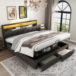 Lit coffre - langtu - lit adulte 180x200 cm avec 2 tiroirs - lin gris - t�te led r�glable - sommier � ...