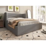 Lit coffre capitonné 160×200cm avec tête de lit large - tissu en liin - avec sommier à lattes - gris Lit coffre capitonné 160×200cm avec tête de lit large - tissu en liin - avec sommier à lattes - gris