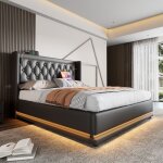 Lit coffre capitonn 160 x 200 cm en similicuir - avec fonction de recharge et led au pied du lit - noir ...