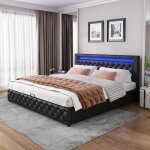 Lit coffre lit capitonn 160 x 200 cm avec sommier  lattes et coffre hydraulique lit double avec clairage ...
