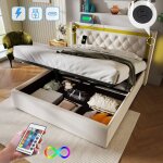 Lit coffre capitonn� 160x200 cm led double lit de rangement avec fonction de recharge usb type c t�te ...