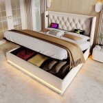 Lit coffre capitonn� 180 x 200 cm en tissu coton - avec fonction de recharge et led au pied du lit - ...