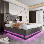 Lit coffre capitonn 180 x 200 cm en tissu coton - avec fonction de recharge et led au pied du lit - ...
