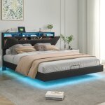 160�200cm lit coffre capitonn� simili cuir noir cadre de lit avec sommier et rangement led ports de recharge ...