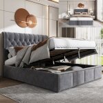 Lit coffre capitonné en tissu gris - décoration de rivet - sommier et tête - l 140 x l 200 cm - rangement ... Lit coffre capitonné en tissu gris - décoration de rivet - sommier et tête - l 140 x l 200 cm - rangement ...