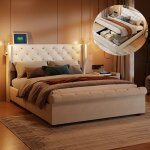 Lit coffre double 140 x 190 cm en velours beige coffre de rangement avec lampe de lecture et usb sommier ...