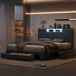 Lit coffre double 140 x 200 cm avec 3 tiroirs - lit adulte2 personnes - sommier  lattes - clairage ...