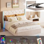 Lit coffre double 140 x 200 cm en flanelle beige coffre de rangement avec lampe de lecture sommier  ...