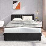 Lit coffre double 140 x 200 cm lit rembourré double velours dos de barre en fer 2 tiroirs noir Lit coffre double 140 x 200 cm lit rembourré double velours dos de barre en fer 2 tiroirs noir
