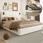 Lit coffre double 140 x 200 cm en velours beige coffre de rangement avec lampe de lecture et usb type ...