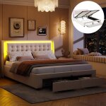 Lit coffre double 140x190 cm en velours lit adulte avec 2 tiroirs et led d�cor avec boutons sommier � ...