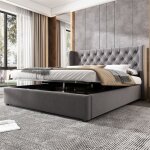 Lit coffre double 140x190 cm en velours - lit adulte avec tte de lit - rangement hydraulique - sommier ...