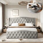 Lit coffre double 140x200 cm avec sommier  lattes 2 places lit adulte rembourr cadre de lit avec rangement ...
