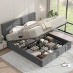 Lit coffre double 140x200 cm avec sommier � lattes cadre de lit adulte avec t�te de lit r�glable en hauteur ...