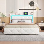 Lit coffre double 140x200 avec Éclairage rgb & stockage 200l + verin pneumatique blanc pu moderne Lit coffre double 140x200 avec Éclairage rgb & stockage 200l + verin pneumatique blanc pu moderne