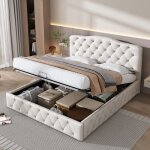 Lit coffre double 140x200 - pdzzzd - t�te de lit r�glable - cuir synth�tique - blanc - design contemporain ...