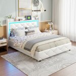 Lit coffre 140x200 pu blanc avec t�te de lit led et usb - sommier inclus rangement hydraulique