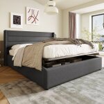 Lit coffre 140x200 gris lit capitonn� en tissu au design minimaliste avec grand sommier hydraulique (sans ...