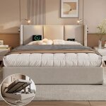 Lit coffre double 160 x 200 cm en lin beige coffre de rangement avec lampe de lecture et usb sommier ...