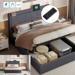 Lit coffre double 160 x 200 cm en lin gris lit adulte avec prise port usb et type - c rangement hydraulique ...