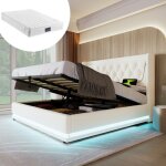 Lit coffre double 160 x 200 cm - redom - led et charge usb type c - en pu - blanc matelas inclus