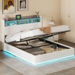 Lit coffre double 160 x 200 cm sommier � lattes cadre de lit led r�glable chargement usb blanc velours ...